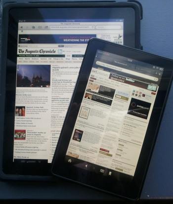 The Kindle Fire and an iPad, for size comparison.